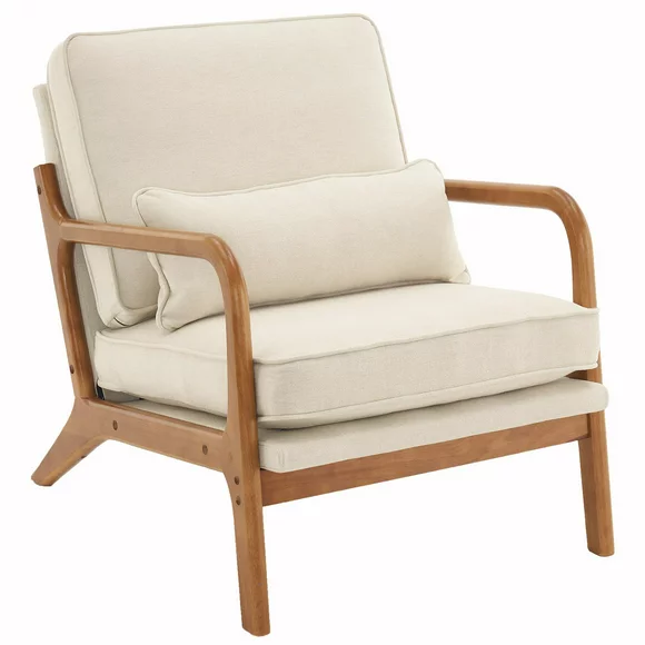 Ktaxon Mid Century Modern Accent Chair, Linen Fabric Armchair with Solid Wood Frame Beige