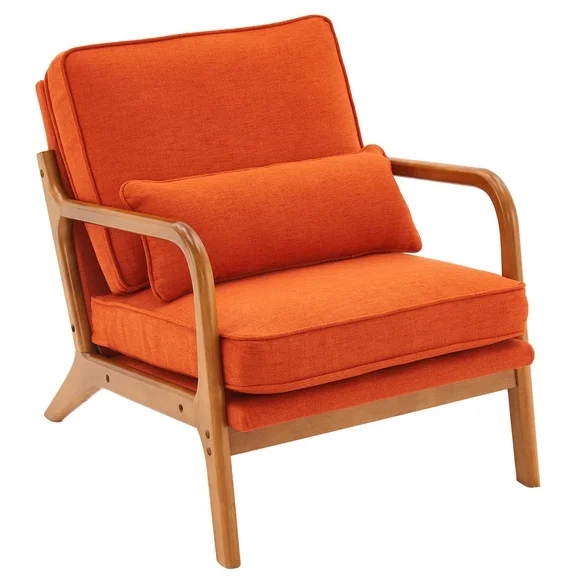 Ktaxon Mid Century Modern Accent Chair, Linen Fabric Armchair with Solid Wood Frame Orange