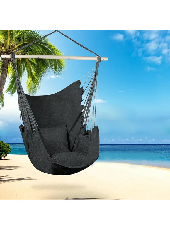 Large Hammock Chair Swing, Relax Hanging Rope Swing Chair with Detachable Metal Support Bar & Two Seat Cushions, Cotton Hammock Chair Swing Seat for Yard Bedroom Patio Porch Indoor Outdoor