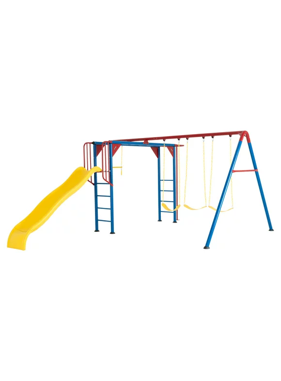 Lifetime Kid's Monkey Bar Adventure Metal Swing Set with Slide and Trapeze Bar (91022)