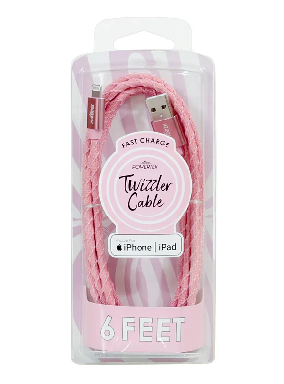 Liquipel Powertek iPad & iPhone Charger Cable, Fast Charging 6ft MFI Certified Lightning to USB Cord, Twizzler Pink