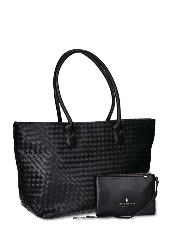 London Fog Women's Woven Tote With Pouch, Black