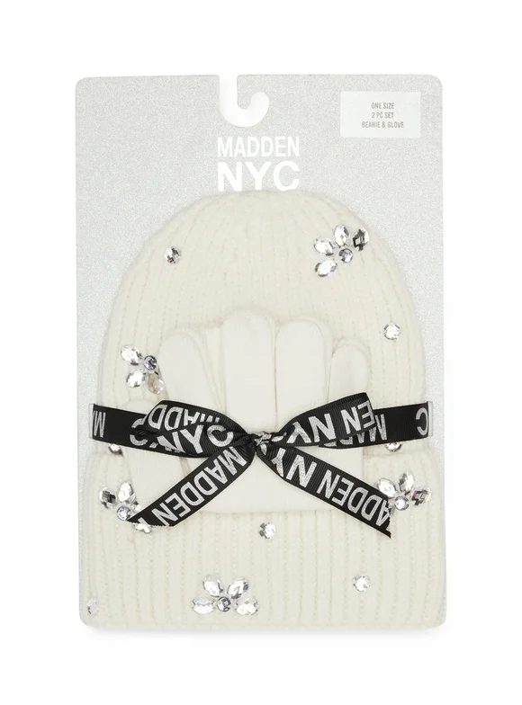 Madden NYC Women's Cuffed Beanie With Rhinestones And Magic Gloves, 2-Piece Gift Set Ivory