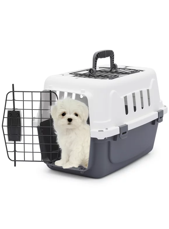 Magshion 18" Hard-Sided Pet Carrier, Portable Dog Travel Kennel Handbag Cage Transport Box with Handle and 2 Doors, Airline Approved, White/Grey