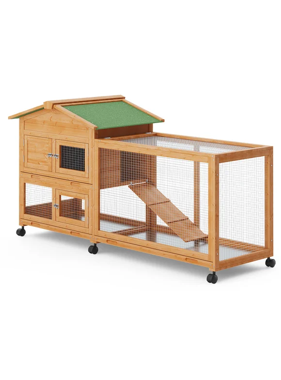 Magshion 63.5" Rabbit Hutch with Wheel, Safe & Cozy Wooden Bunny Cage for Small Animal with Barrel Bolt lock, Natural