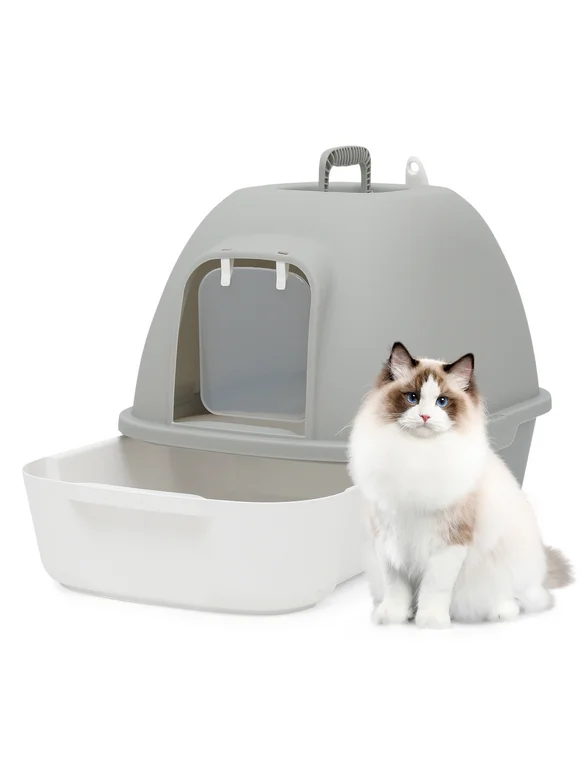 Magshion Extra Large Cat Litter Box with deodorizing box for Small Medium Cats, Front Door Kitty Litter Tray (Grey & White)