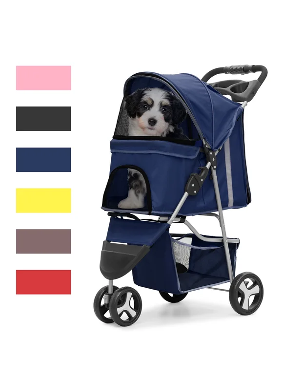 Magshion Foldable Pet Dog Stroller with Wheels, Cat Dog Stroller with Storage Basket and Cup Holder for Small and Medium Cats, Dogs, Puppy, Navy Blue