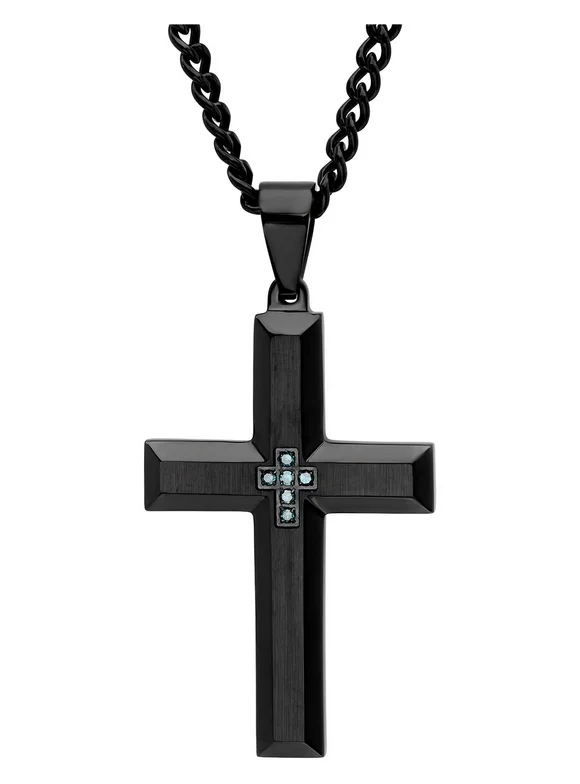 Men's Black Stainless Steel Blue Diamond Accent Cross Pendant Necklace