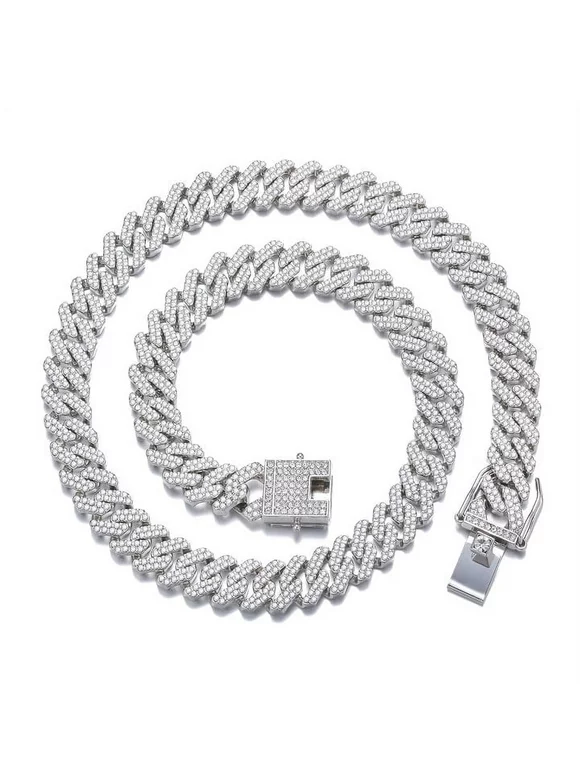 Mens Miami Cuban Link Chain Necklace Silver 12mm Diamond Prong Cuban Chain 18inch Length Hip Hop Jewely with Gift Box(Silver,18)