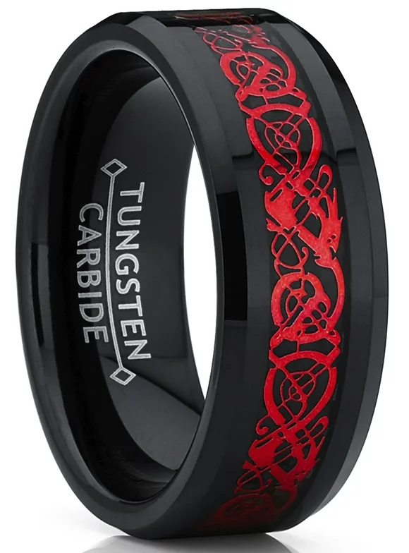 Metal Masters Men's Black Tungsten Red Dragon Ring Wedding Band Carbon Fiber Comfort Fit 8MM 10