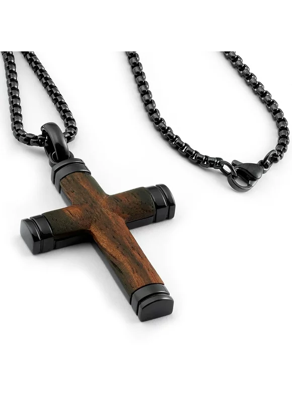 Metal Masters Real Santos Wood Cross Necklace Pendant Black 24" Stainless Steel Chain