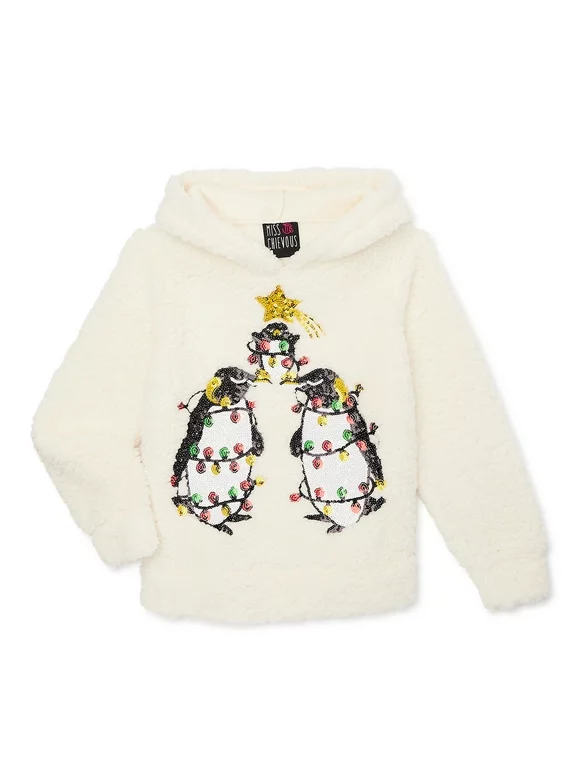 Miss Chievous Girls Christmas Sequin Critter Plush Faux Sherpa Pullover Hoodie, Sizes 4-16