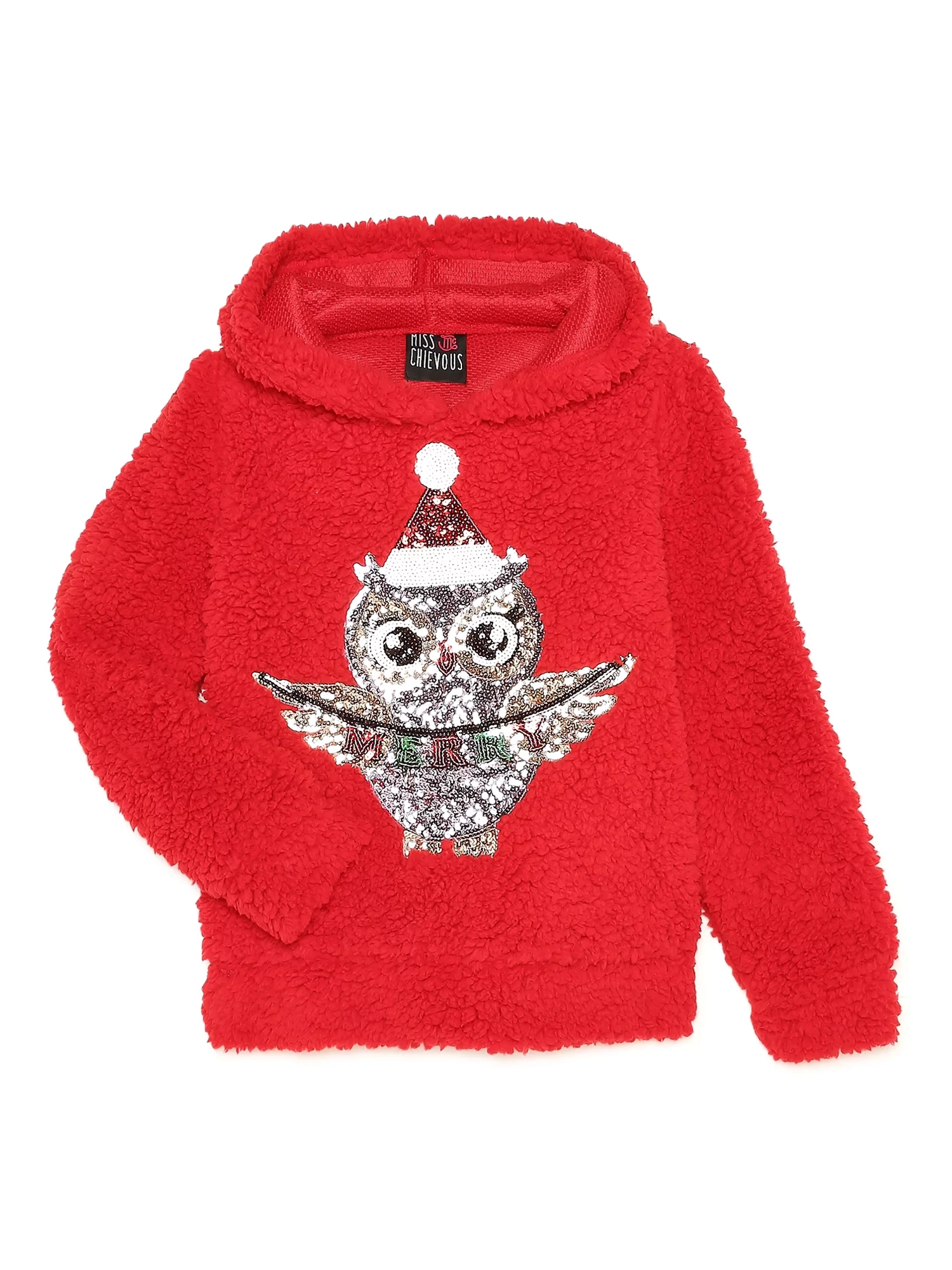 Miss Chievous Girls XMAS Sequin Critter Plush Faux Sherpa Pullover Hoodie