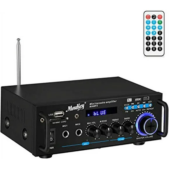 Moukey Stereo Receiver 100W Dual Channel Bluetooth Home Theater Amplifier with FM Radio, MP3/USB/SD Readers, 2 Mic Input