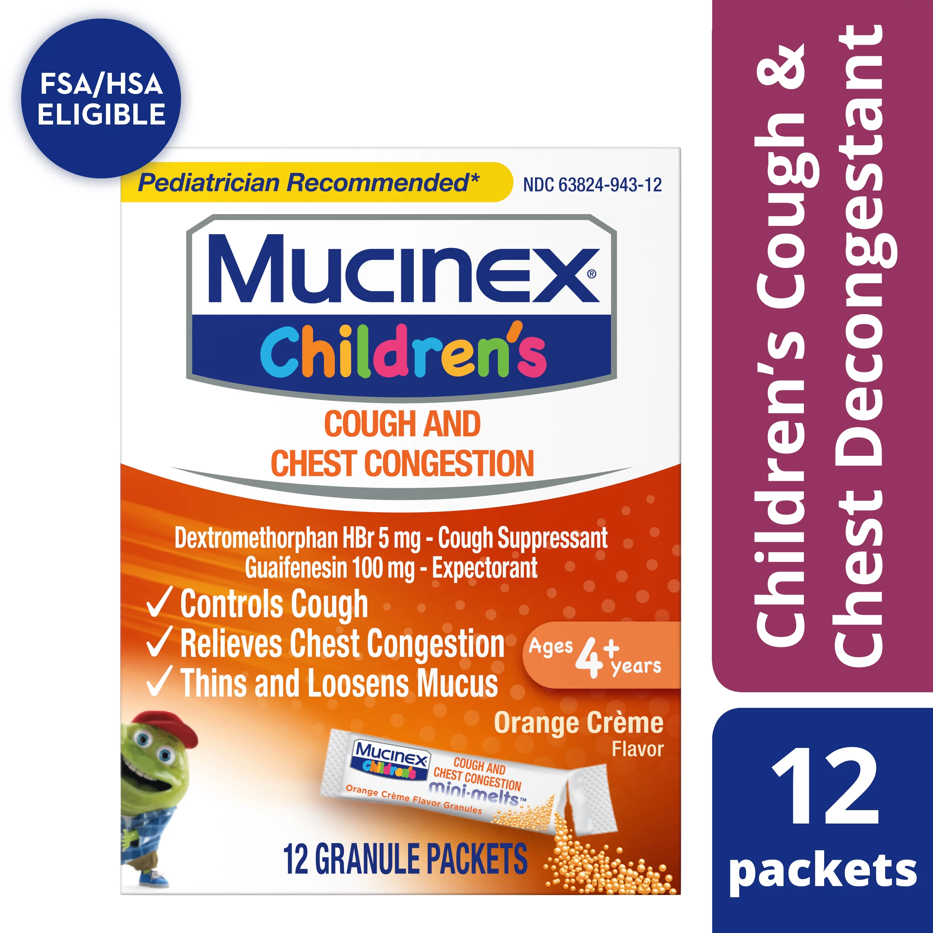 Mucinex Children&amp;#39;s Chest Congestion Expectorant and Cough Suppressant Mini-Melts, Orange Cream - 12 Packets