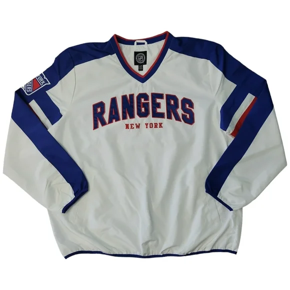 NHL Men's V-Neck Relaxed Fit 2 Pockets Elastic Waistband and Cuffs Pullover (NY Rangers, XL)