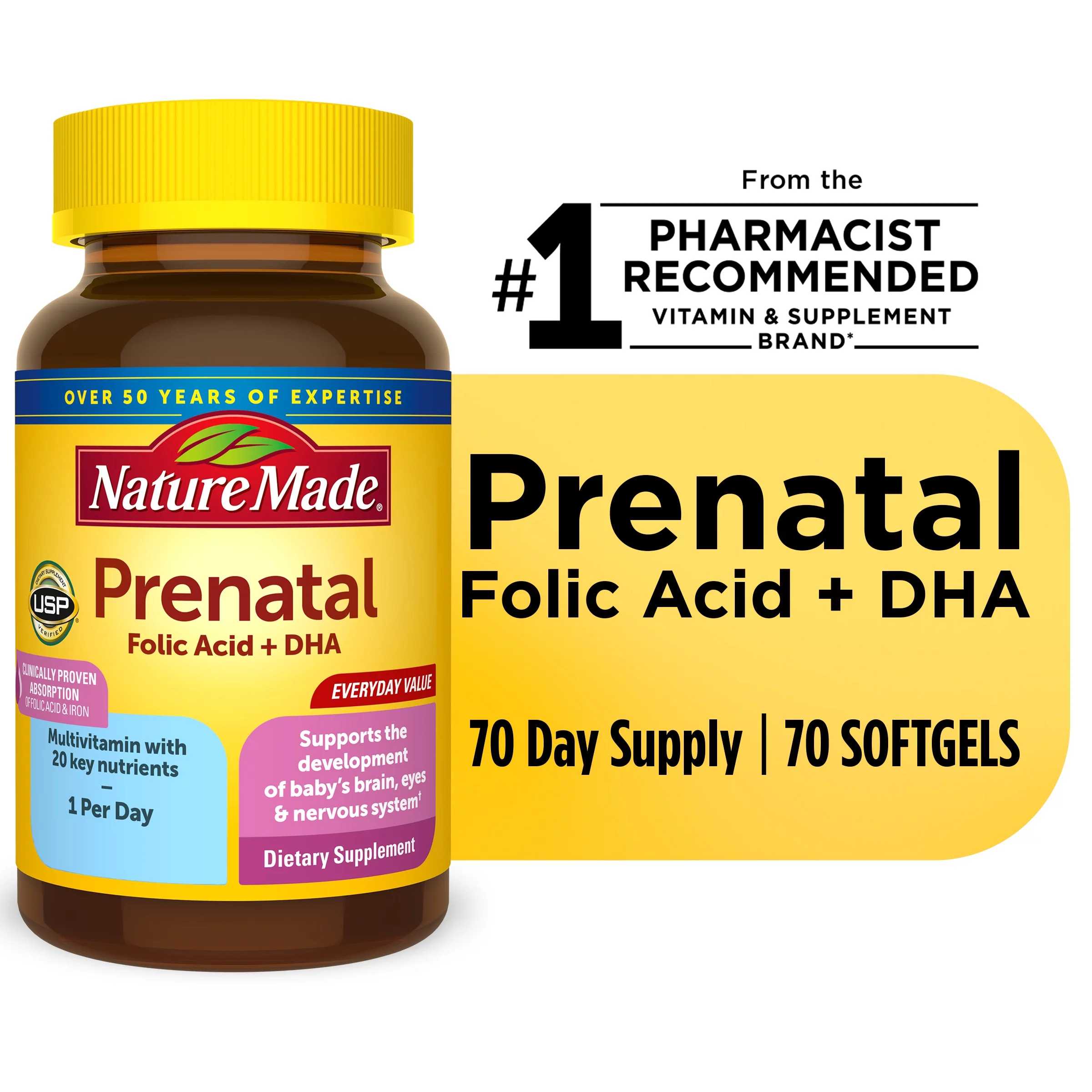 Nature Made Prenatal with Folic Acid + DHA Softgels, Prenatal Vitamin and Mineral Supplement, 70 Count