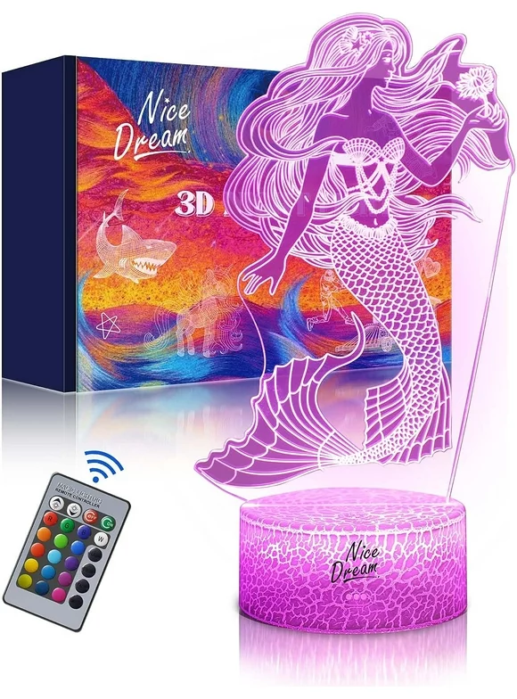 Nice Dream  Mermaid Night Light, 3D Illusion Night Lamp with Remote Control, Girls Birthday Xmas Gift, 16 Colors  LED Nightlight for Kids Room Decor