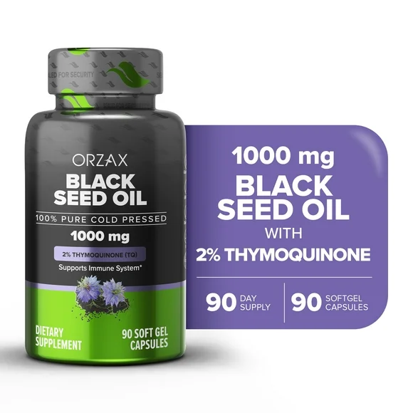ORZAX Black Seed Oil Capsules, 90 Soft Gels, 1000 mg, 2% Thymoquinone,  100% Virgin Pure Cold Pressed