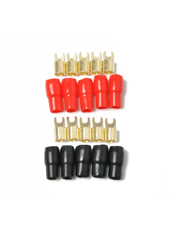 OUNONA 5 Pairs Copper Gold Plated 4 Gauge Strip Spade Terminal Spade Fork Adapters Connectors Plugs Crimp Barrier Spades for Speaker Wire Cable Terminal Plug - 4GA (Red and Black)