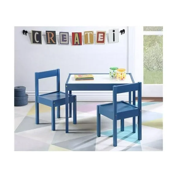 Olive & Opie Gibson 3-Piece Wood Dry Erase Kids Table & Chair Set in Dark Blue