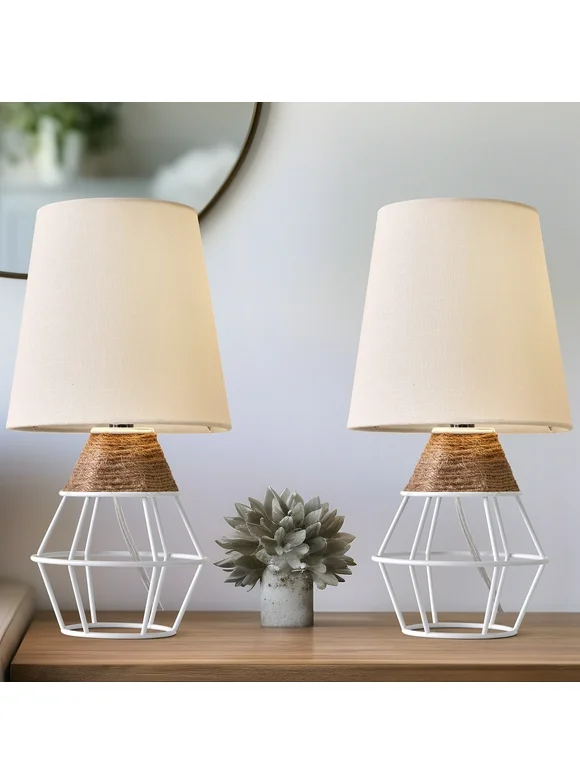 Oneach Modern White Small Table Lamp Set of 2 for Bedroom Living Room 13" Rattan Metal Bedside Nightstands Lamps