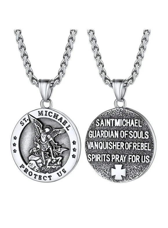 PROSTEEL Saint Michael The Archangel Stainless Steel Christian Necklace Pendant for Men Boys Silver Medal Chain Religious Jewelry