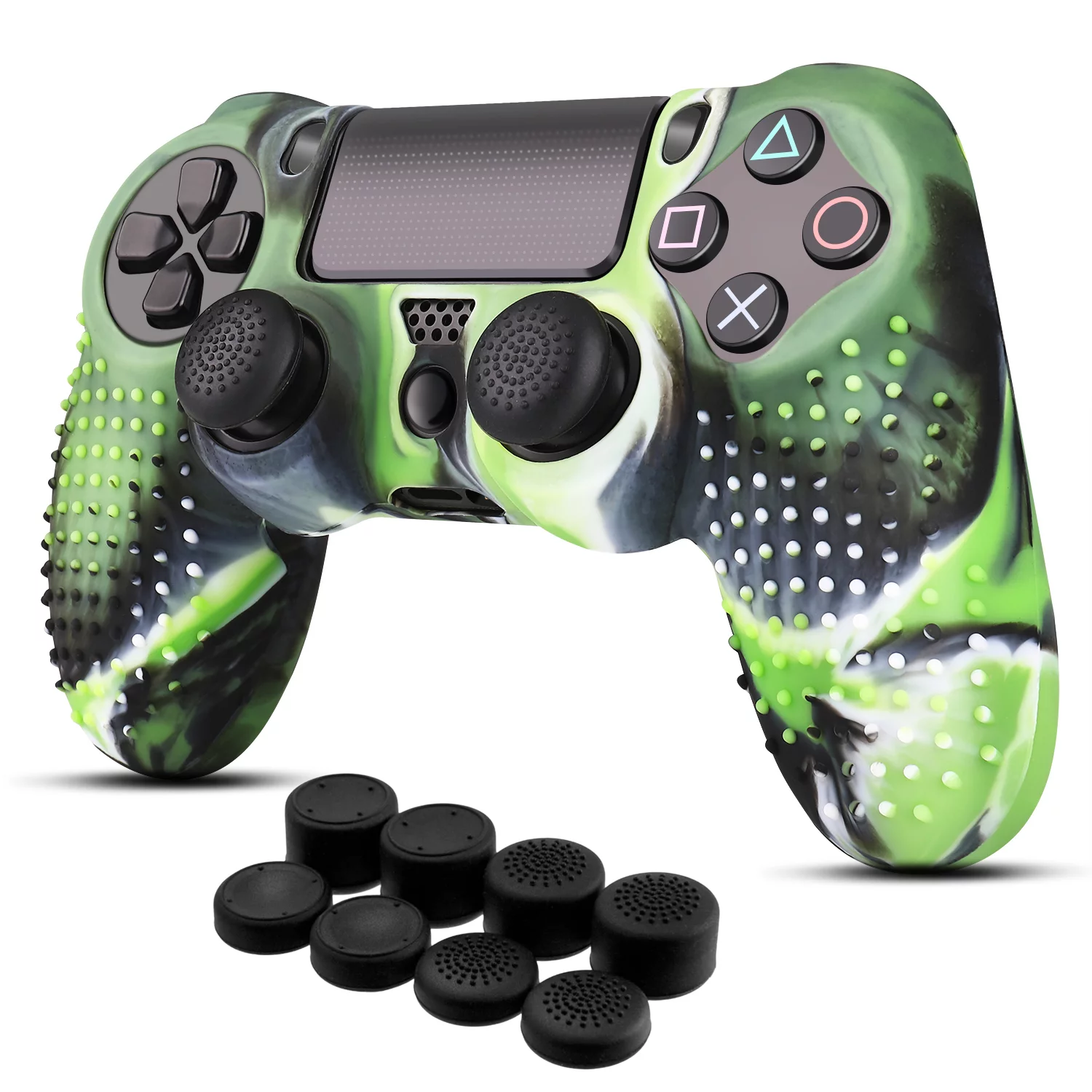 PS4 / Slim / Pro Controller Skin Grip Cover Case Set - Protective Soft Silicone Gel Rubber Shell & Studded Anti-slip Thumb Stick Caps for Sony PlayStation 4 Controller Gaming Gamepad (Camou Green)
