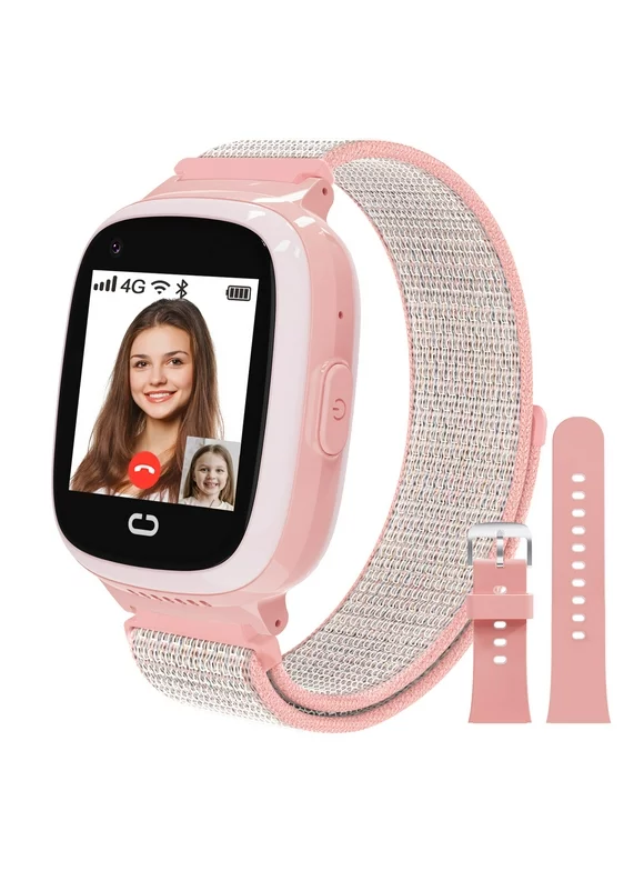 PTHTECHUS Smartwatch for Kids with GPS 4G HD Touchscreen Watch with Phone GPS Tracker Real-Time Location SOS Video Call Voice Chat Camera  Android and iOS for Boys Girls Gift Pink