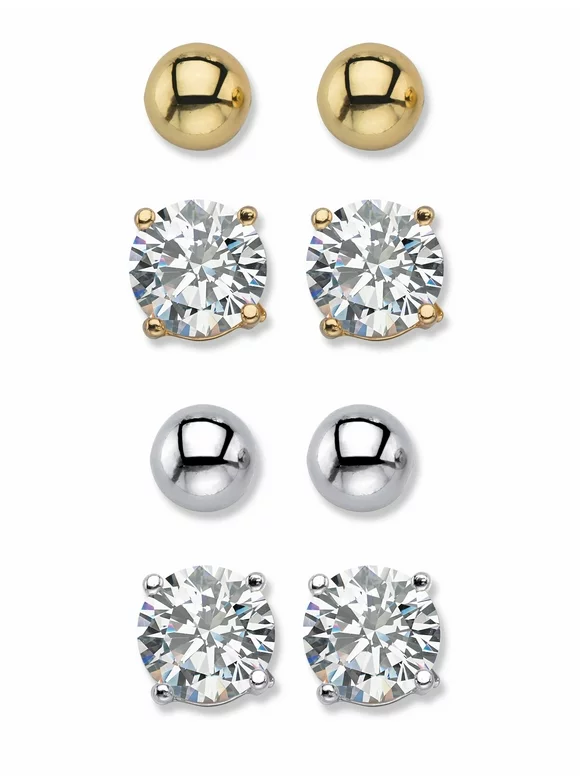 PalmBeach Jewelry Round Cubic Zirconia and Ball 4-Pair Stud Earring Set 8 TCW Goldtone & Silvertone