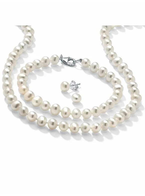 PalmBeach Jewelry Sterling Silver Round Genuine Cultured Freshwater Pearl Stud Earring, Necklace and Bracelet Set, 18 inches
