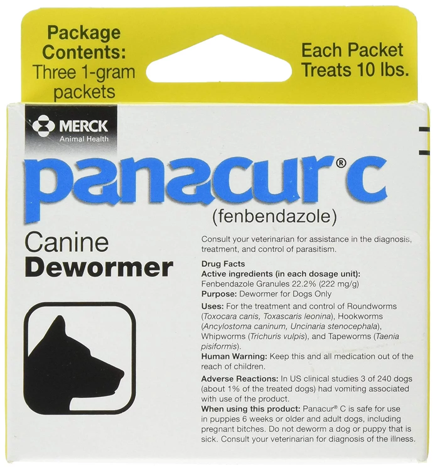 Panacur C Dewormer (Fenbendazole) for Dogs, Three 1-Gram Packets (10 Pounds)