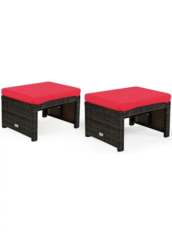 Patiojoy 2 PCS Outdoor Wicker Ottoman Patio Rattan Furniture Metal Footrest Seat Square Footstool with Cushion Red