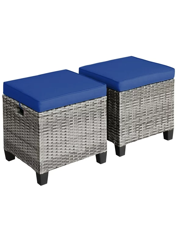 Patiojoy Set of 2 Outdoor Rattan Cushioned Ottoman Seat All Weather Patio Ottoman Footrest Navy