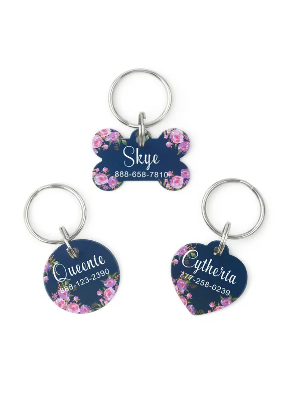Personalized French Flowers Dog Tag, Aluminum Tags for Dog and Cat, Collar Pet Tags, Free Engraving Pet ID Tags, Custom Dog Tags, with Velvet Jewelry Pouch Ships Next Day!