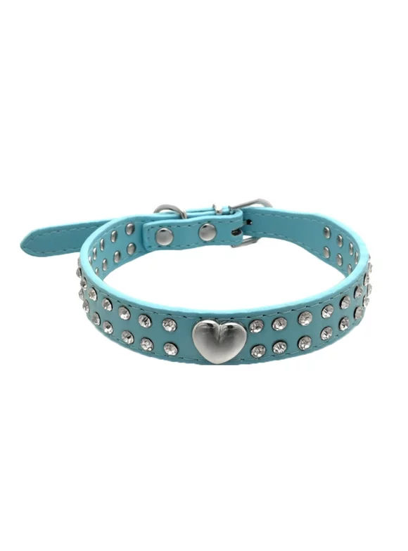 Pet Collar Rhinestones Crystal Heart PU Leather Pet Necklace Jewelry Holiday Gift,Blue,XXS