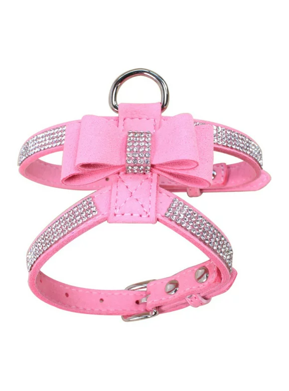 Pet Dog Harness Strap Lead Bling Rhinestone Necklace Leather Bowknot Collar