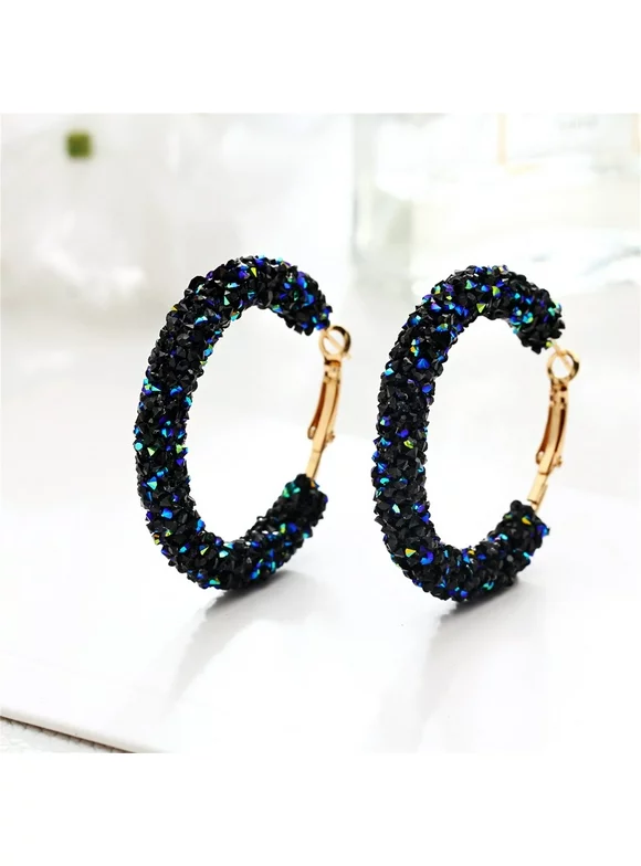 Pjtewawe Earring For Women Ladies Shiny Hoop Earrings Punk Large Crystal Black White Personality Retro Exaggerated Fashion Jewelry Earrings Studs