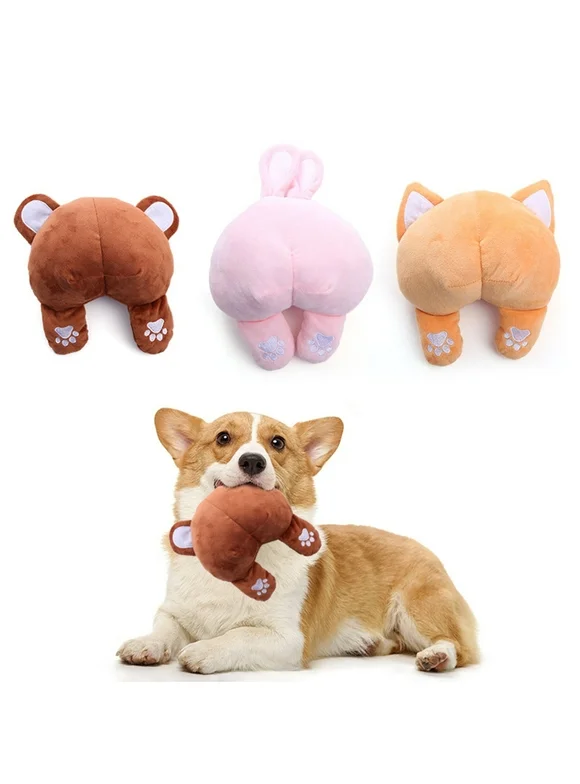 Plush Squeaky Dog Butt Toys, Dog Chew Toys Cute Brown Corgi Dog Ass Pet Tooth Cleaning Toys for Small and Medium Pets