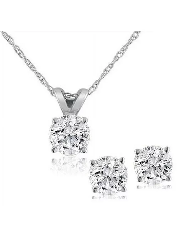 Pompeii3  Diamond Solitaire Necklace & Studs Earrings Set 5/8 Carat Tw 14K White Gold
