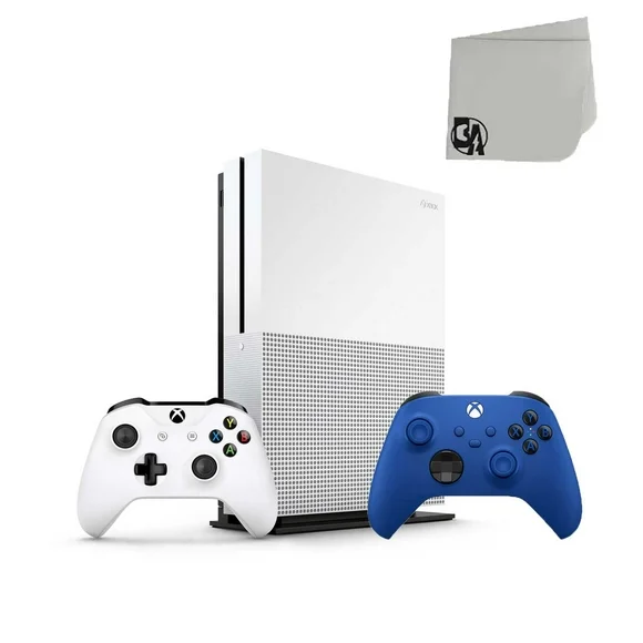 Pre-Owned Microsoft Xbox One S White 1TB Gaming Console with Shock Blue Controller Included BOLT AXTION Bundle
