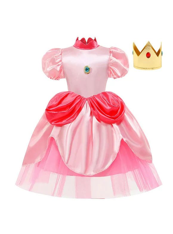 Princess Peach Costume Dress Girls Birthday Party Costume Gift Kids Halloween Party Dress Up With Crown