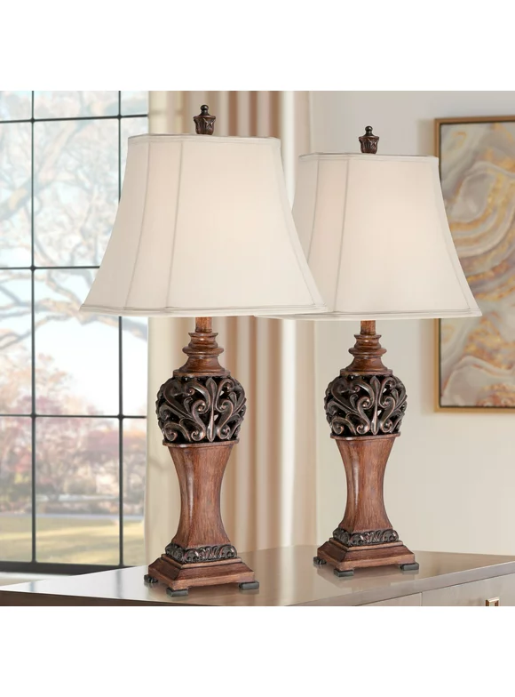 Regency Hill Exeter Traditional Table Lamps 30" Tall Set of 2 Bronze Wood Carved Leaf Cream Rectangular Bell Shade for Bedroom Living Room Bedside