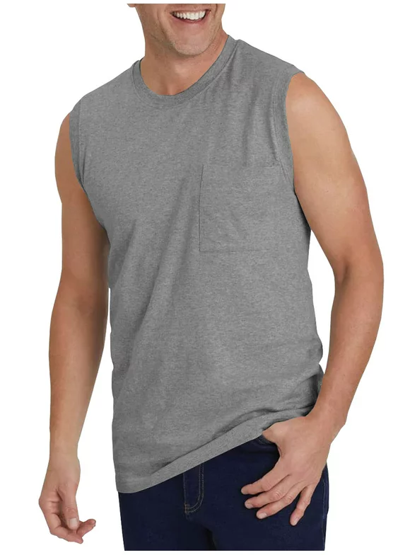 Remikst Men's Sleeveless Muscle Tank Top with Pocket Solid Crewneck Workout Shirt,M-3XL