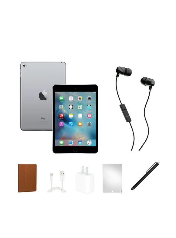 Restored Apple iPad Mini 2 (2013) Bundle, 16GB, Black, Wi-Fi, Wired In-Ear Headphones, Case, Tempered Glass, Stylus Pen, Charging Accessories (Refurbished)