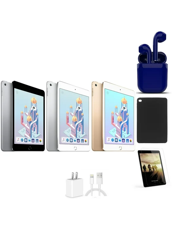 Restored Apple iPad Mini 4 7.9-inch 16GB Wi-Fi Only Newest OS Bundle: Pre-Installed Tempered Glass, Case, Rapid Charger, Bluetooth/Wireless Airbuds By Certified 2 Day Express (Refurbished)