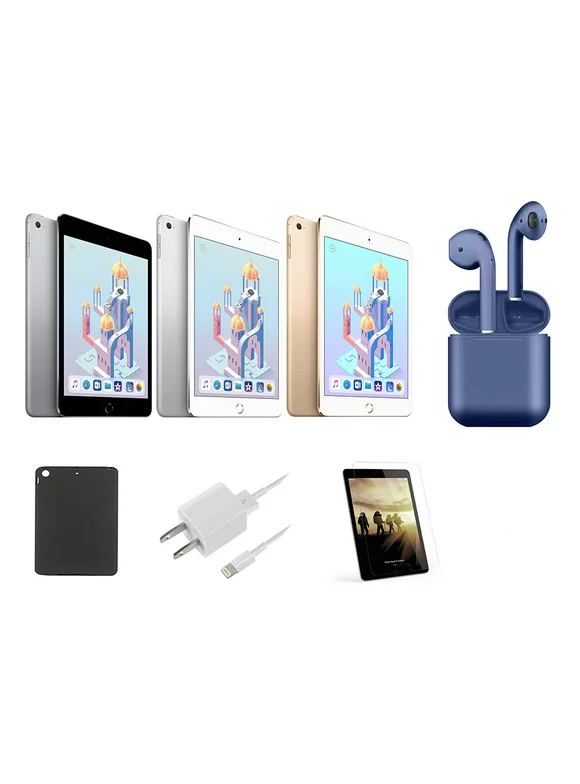 Restored Apple iPad Mini 4 7.9-inch Retina 32GB Wi-Fi Only Bundle: Pre-Installed Tempered Glass, Case, Rapid Charger, Bluetooth/Wireless Airbuds By Certified 2 Day Express (Refurbished)