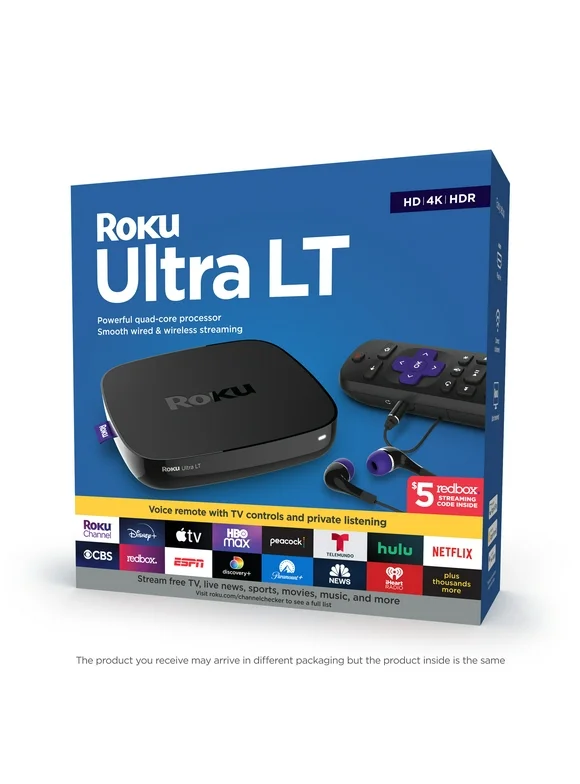 Roku Ultra LT 2019 HD/4K/HDR Streaming Device with Ethernet Port and Roku Voice Remote with Headphone Jack, includes Headphones