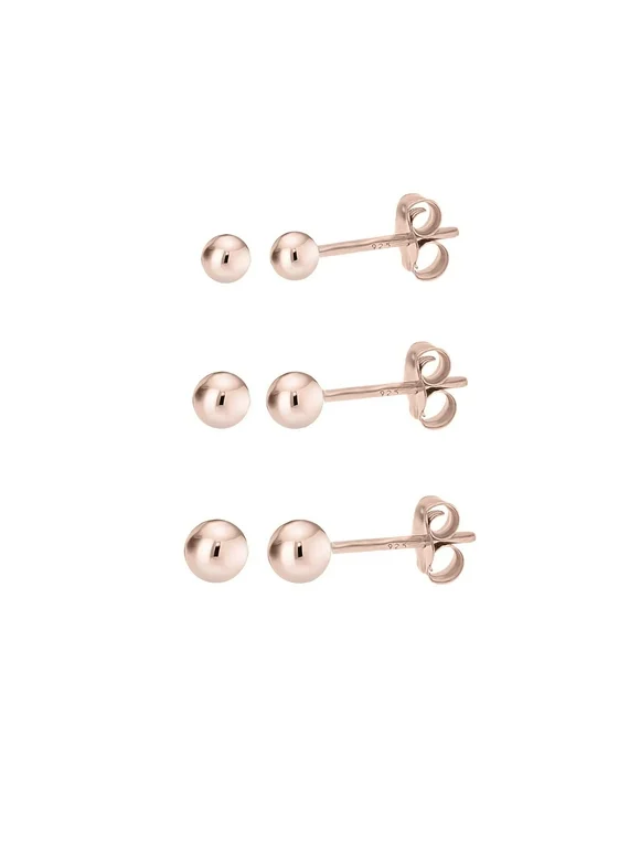 Rose Gold over 925 Silver High Polish Smooth Round Ball Stud Earring 3-Size Set - 2mm, 3mm, 4mm