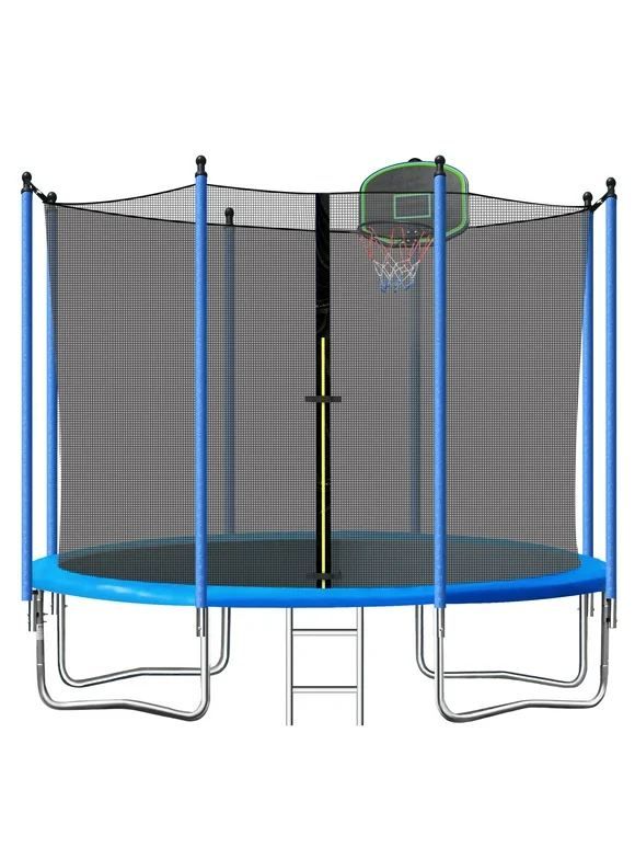 SEGMART 10ft Trampoline for Kids with Basketball Hoop and Enclosure Net/Ladder,Blue